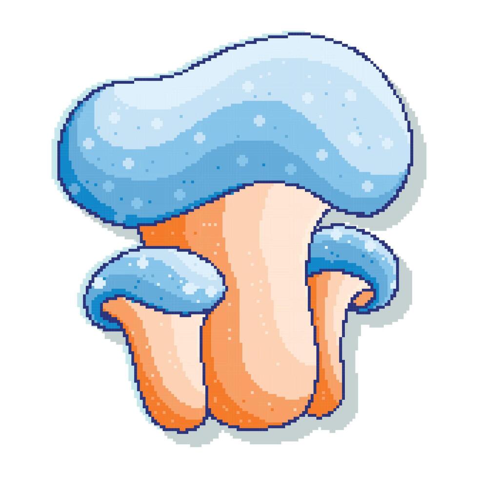 Cute Pixel Art Blue Mushroom With Shading. Retro-style game mushroom icon, perfect for gaming assets, pixel art projects, 8-bit designs, and sticker collections. vector