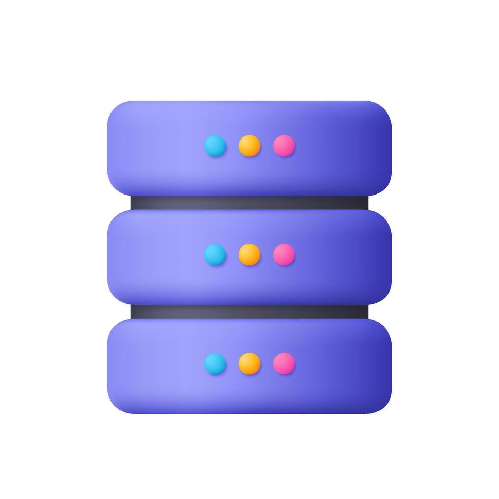 Purple server rack with three stacked units. Data memory and data center. Data storage, cloud computing, or web hosting concept. 3d icon. Cartoon minimal style. vector