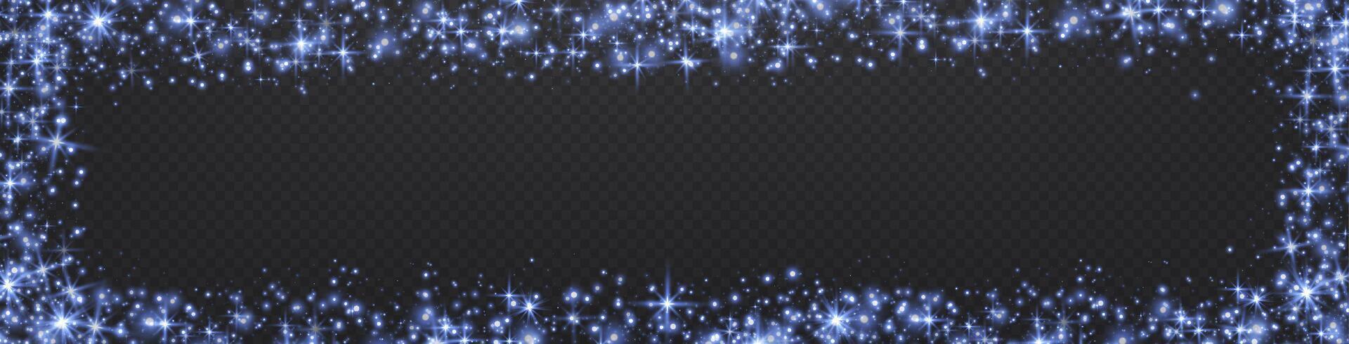 Blue frame from glittering dots, particles, stars magic sparks. Glow flare light effect. Blue luminous points. particles on black background. vector