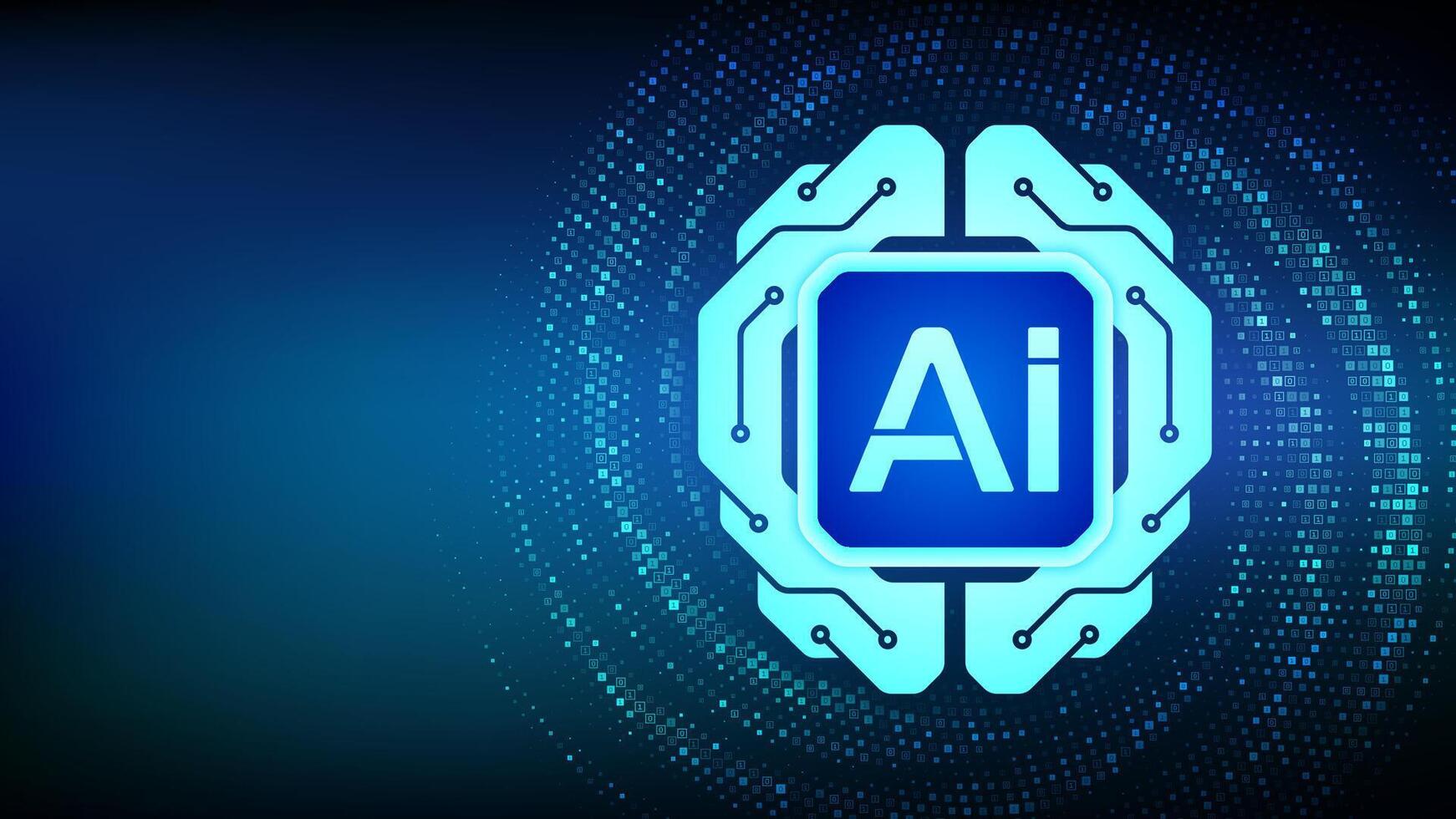 Digital brain icon. AI. Artificial Intelligence technology concept. Neural network. Machine learning. Big data analysis. Binary code background with digits 1.0. Binary Data Flow. illustration. vector