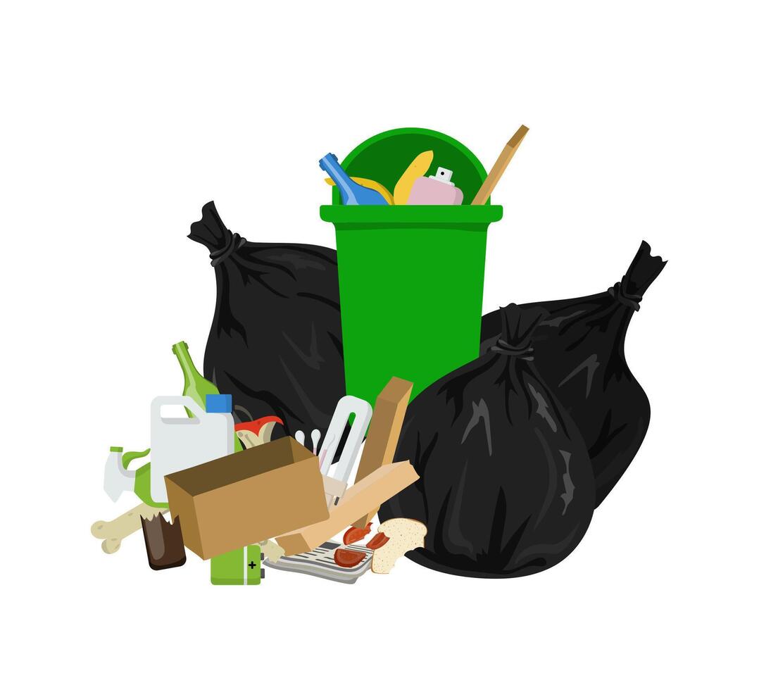 Overflowing trash can and garbage bags surrounded by various waste items vector