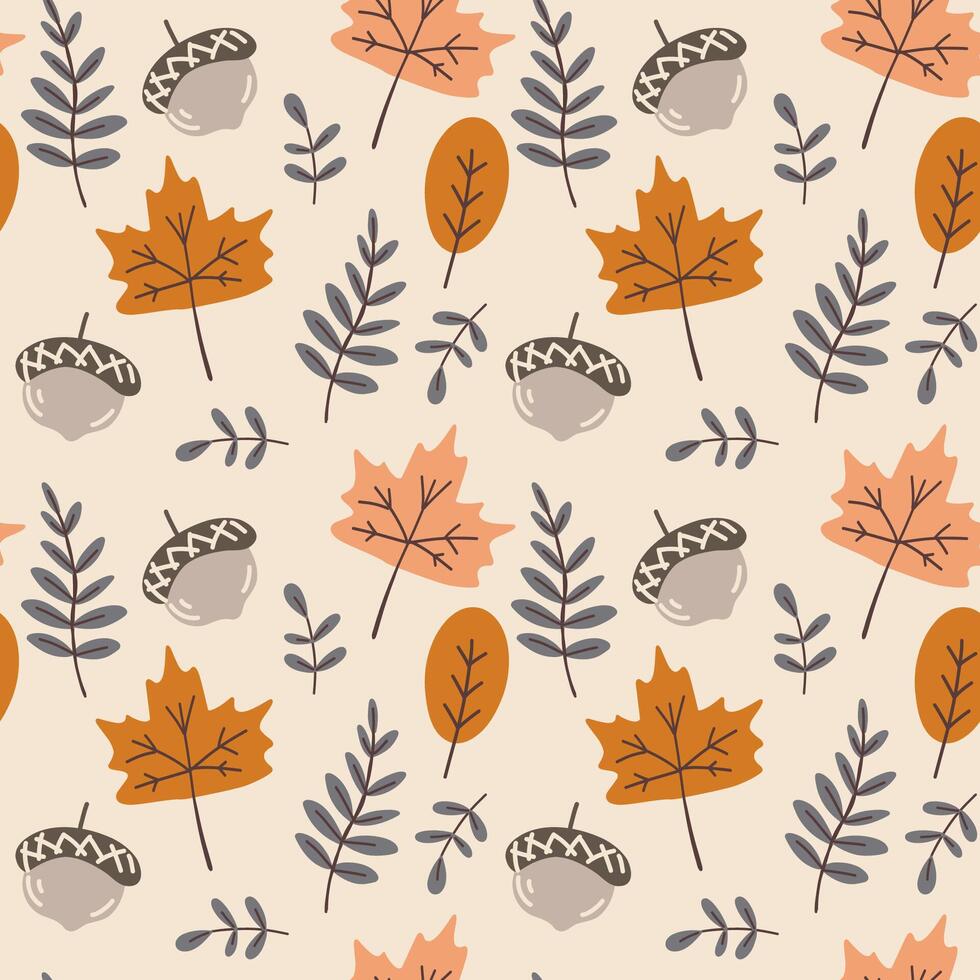 Fall leaves and acorns seamless pattern in flat autumn color palette. Perfect for fabric, packaging, scrapbook paper, backgrounds and wrapping. vector