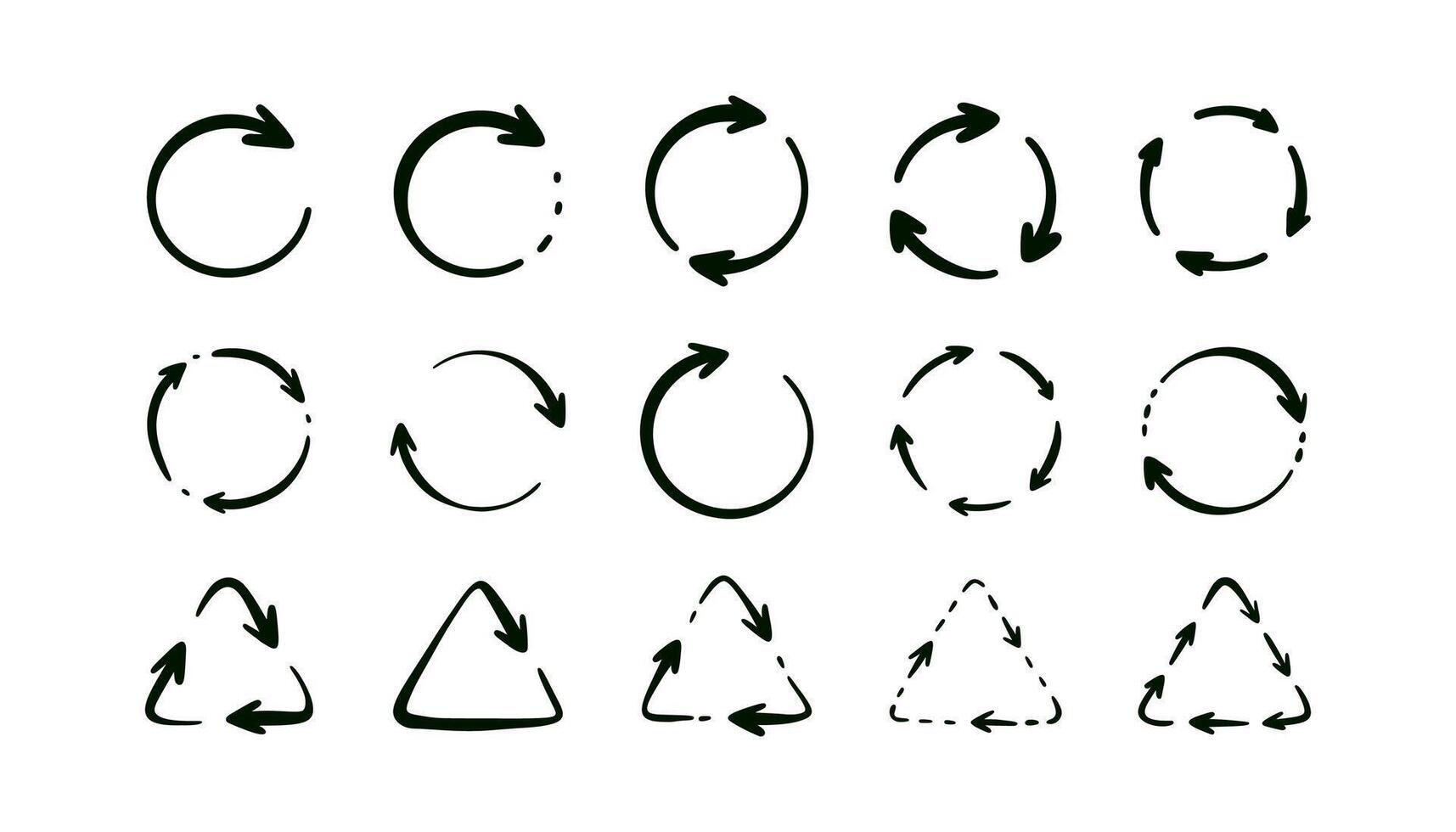 Hand drawn sketch circular round arrow icon set. Handwriting recet, recycling, reload, sync symbol. Clockwise rotation. Crayon scribble childish illustration. Progress indicator vector