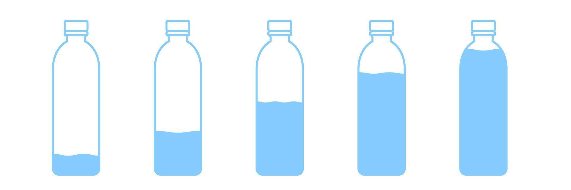 Set of outline bottles with varying levels of water showing hydration process or capacity. Visual for health and drink concepts. illustration vector