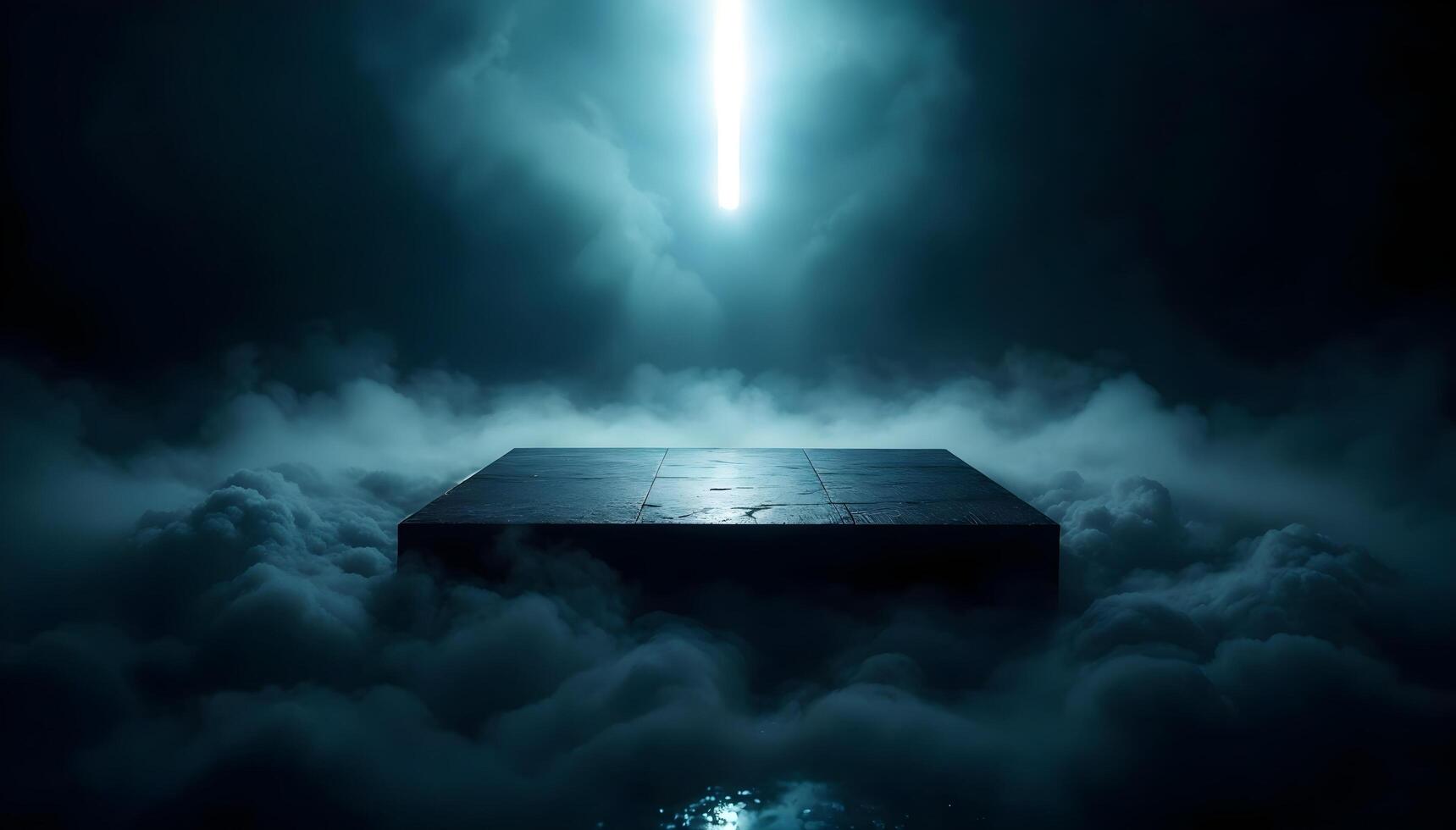 Mysterious glowing 3D platform in surreal cloudscape with copy space photo