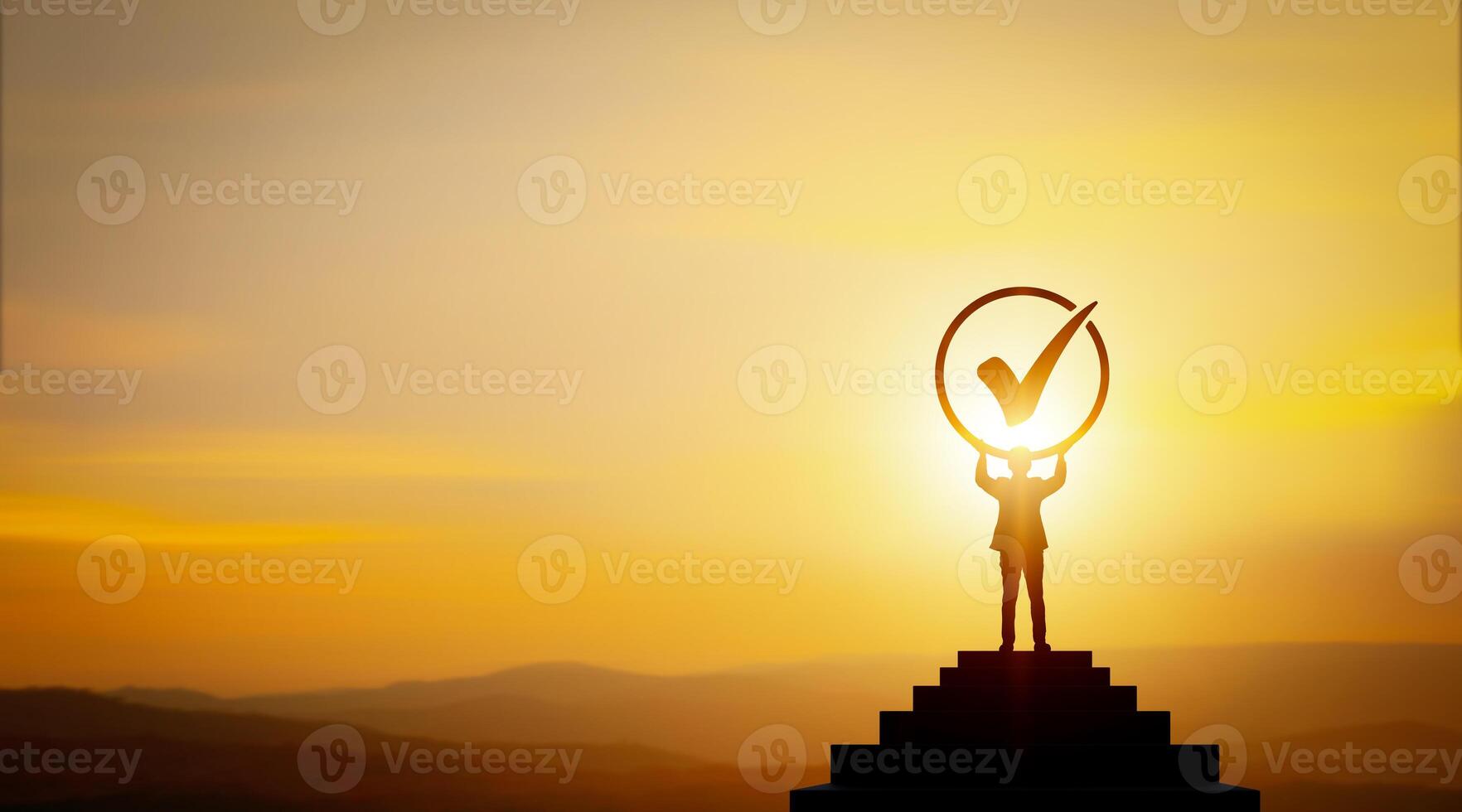Silhouette of businessman standing on ladder holding check mark symbol with bright background. Concepts of validation, approval list, and goal attainment or task completion. with copy space photo