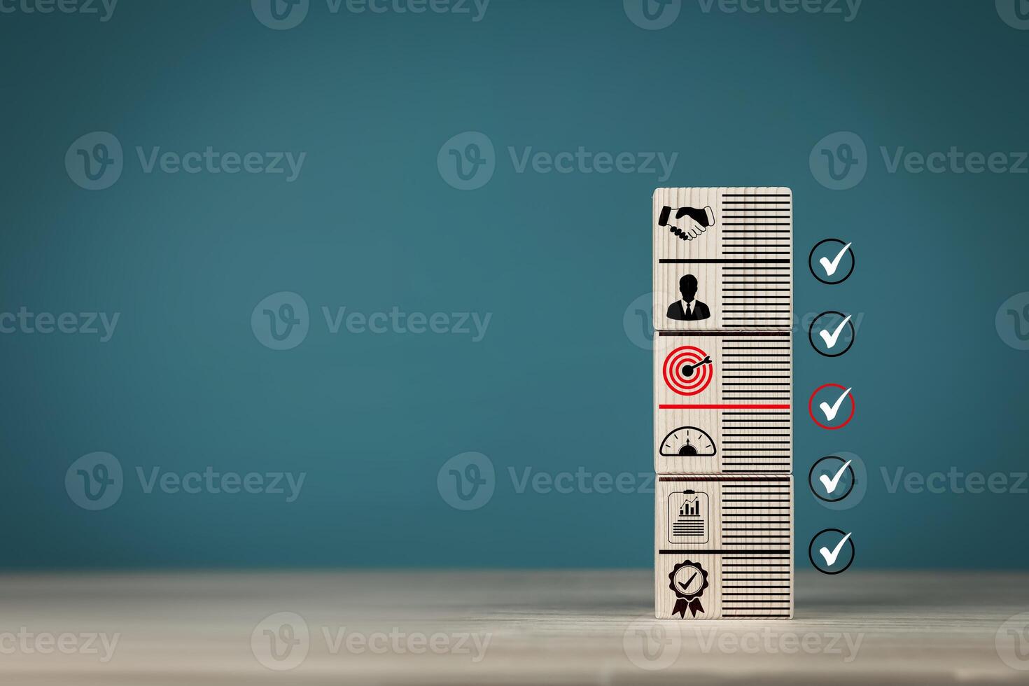 Concepts of methods for developing organizations towards success. Business icons on wooden blocks represent establishing strategy and implementing plan. with copy space photo