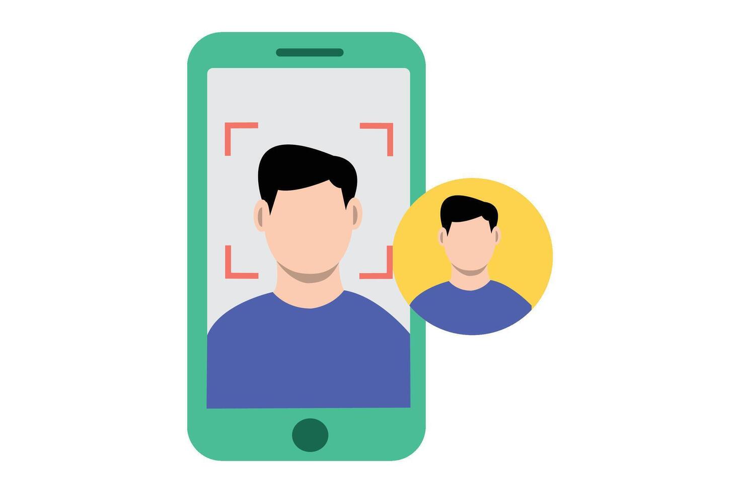 Flat illustration of face recognition on smartphone screen, showing user verification process with red scanning frame, symbolizing modern security and biometric technology. vector