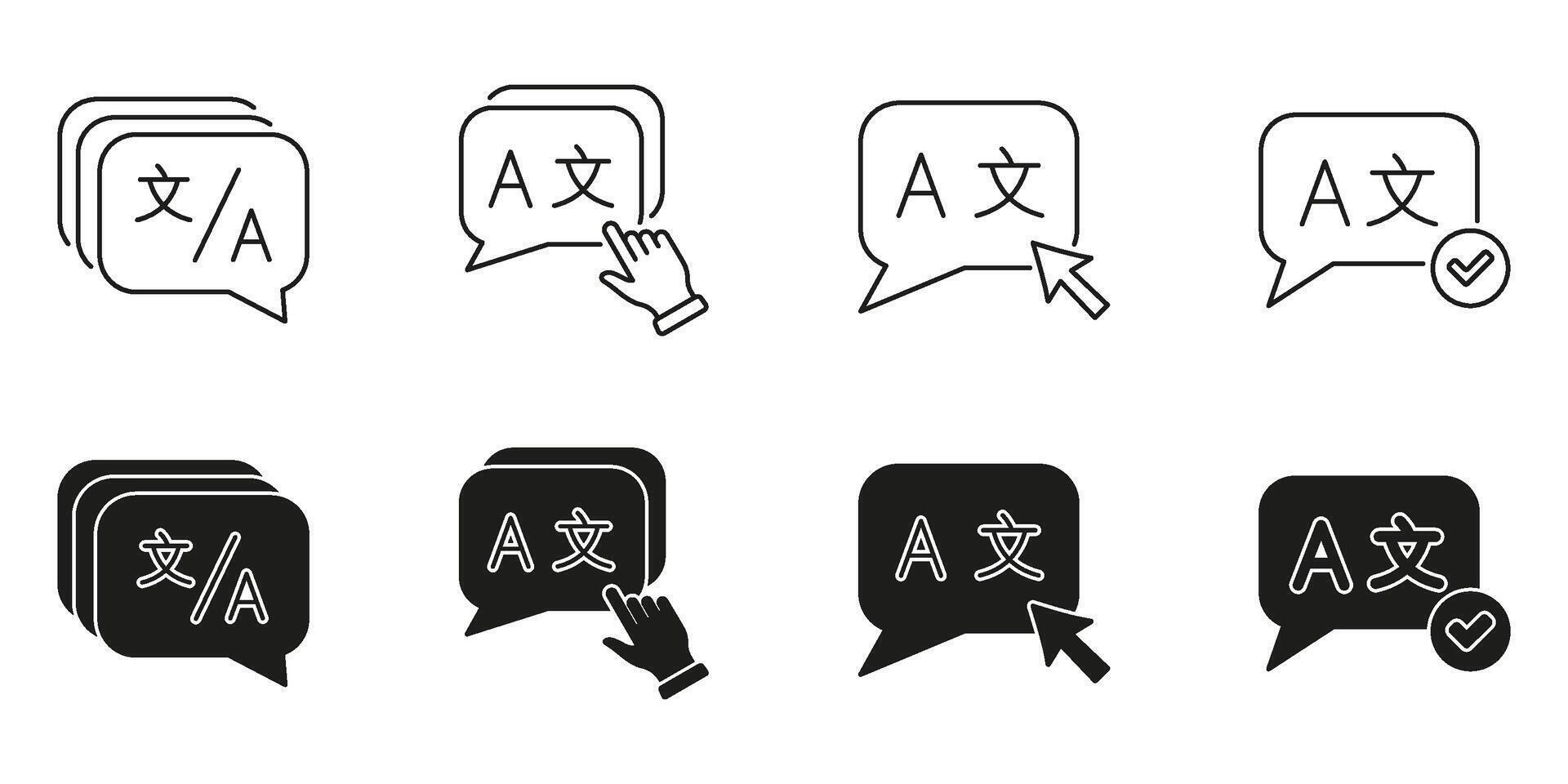 Language Translation Speech Bubble Line And Solid Icon Set. Multilingual Communication And Translation Interface Symbol Collection. Language Selection And Accessibility. Isolated Illustration vector