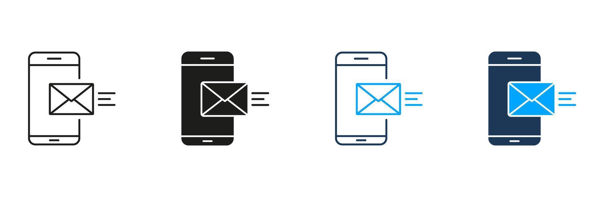 Smartphone With Email Line And Solid Icon Set. Mobile Messaging, Communication, And Email Notification Symbol Collection. Digital Communication Tools. Isolated Illustration vector