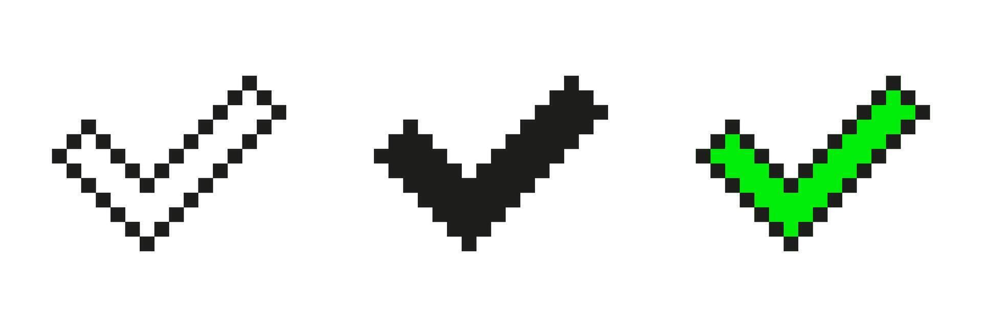 Pixel Art Checkmark Icon Set. Approval And Confirmation Symbols In Pixelated Style. Includes White, Black, And Green Variations. Isolated Illustration vector
