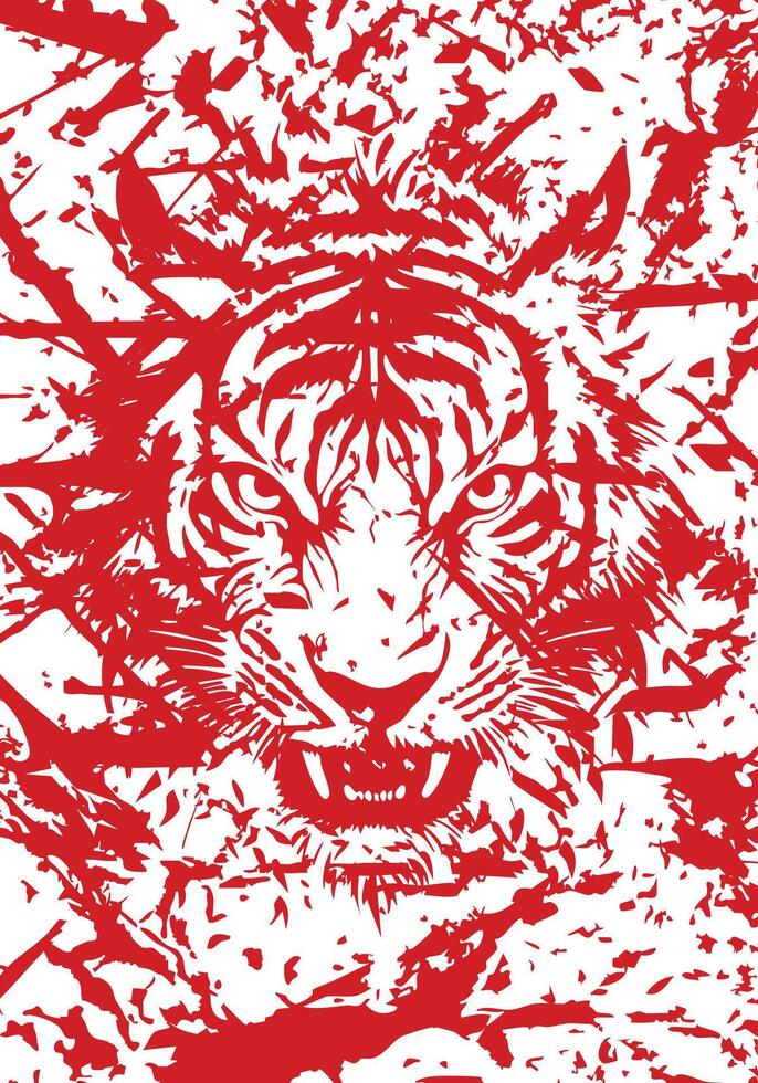 Illustration of tiger face with abstract red grunge brush