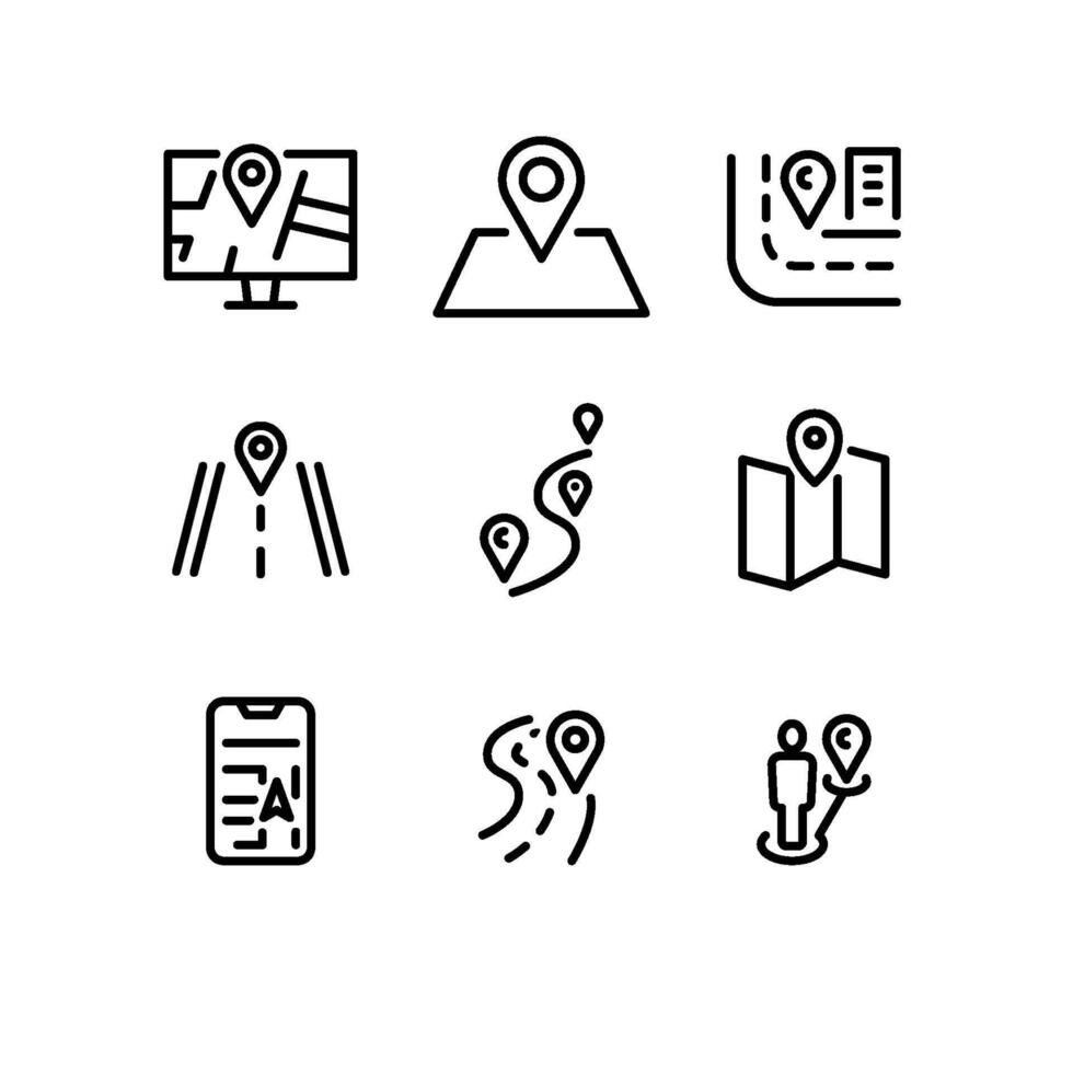 Travel and map navigation line icons set. GPS pins, location markers, and route symbols vector