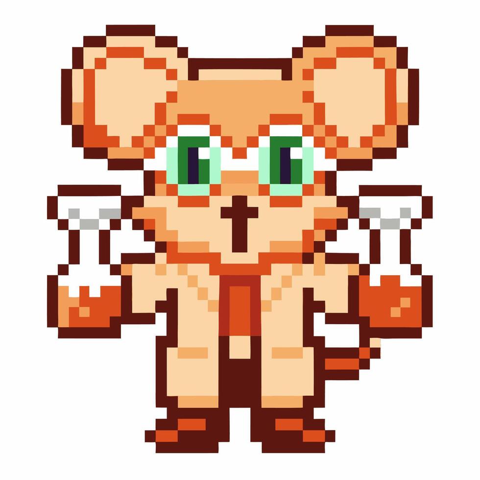 Pixel art mouse scientist in lab coat holding laboratory flasks cute retro animal character, green eyes, experimenting vector