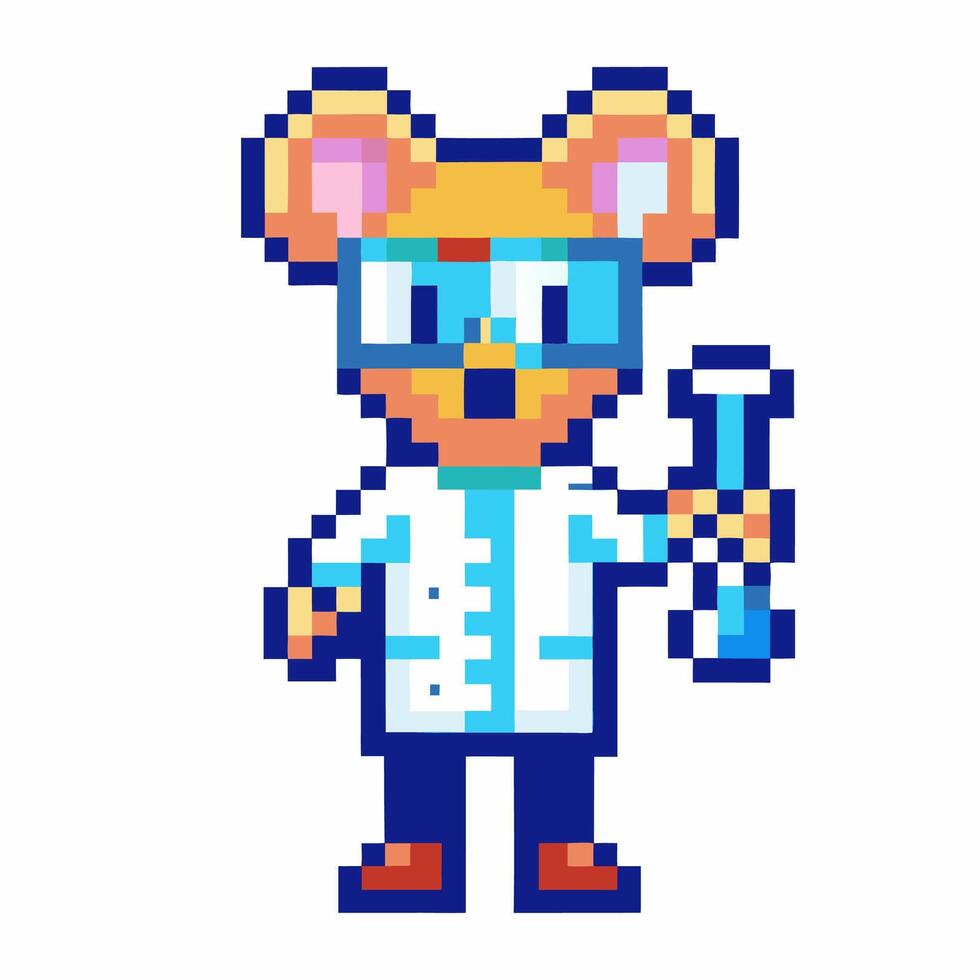 Pixel art scientist mouse character in lab coat holding test tube retro chemist animal, laboratory experiment concept vector