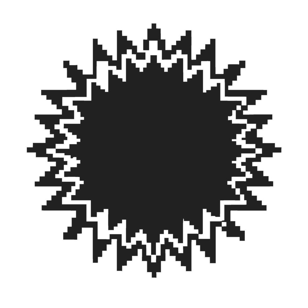 Pixelated black geometric sunburst abstract jagged digital shape, retro 8 bit explosion or badge isolated on white vector