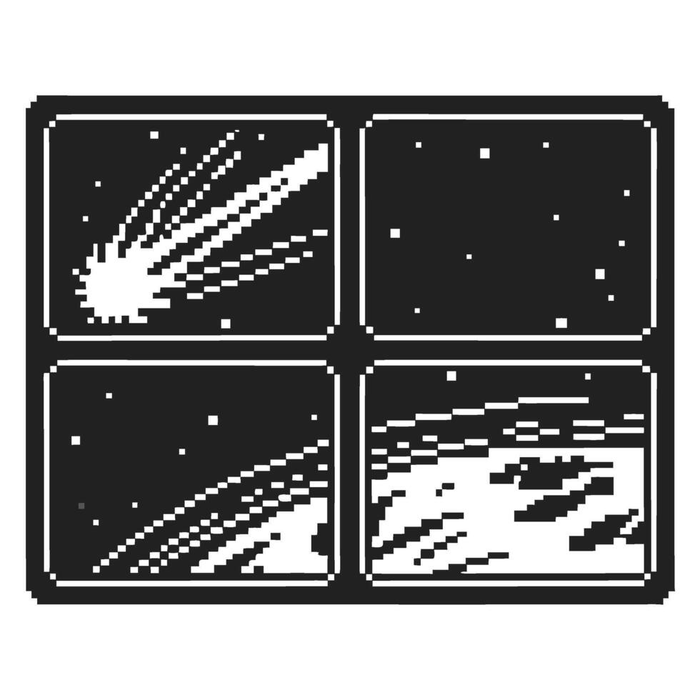 Pixel art window view of outer space, shooting star and distant planet horizon cosmic scene in monochrome, retro digital vector