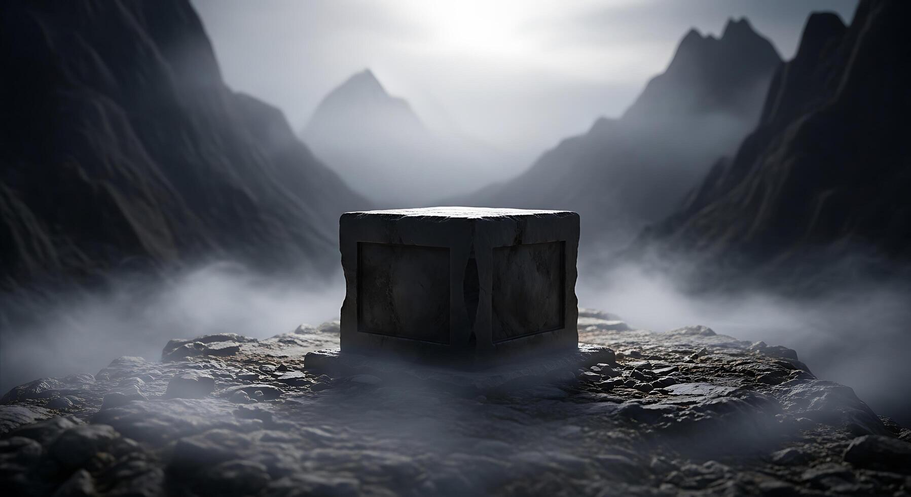An ancient stone structure sits isolated in a misty mountain valley, creating a mysterious and atmospheric scene photo