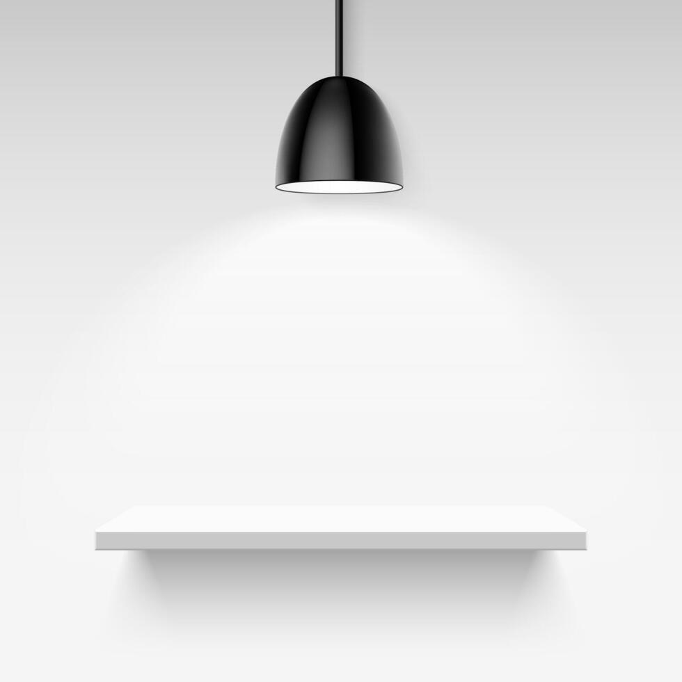 Black ceiling lamp and empty white shelf on a light gray background vector