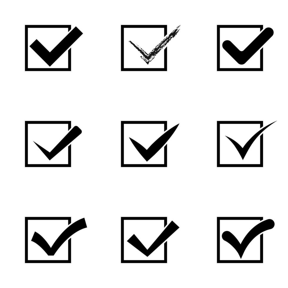 Set of nine different black and white check marks or ticks in square frames vector