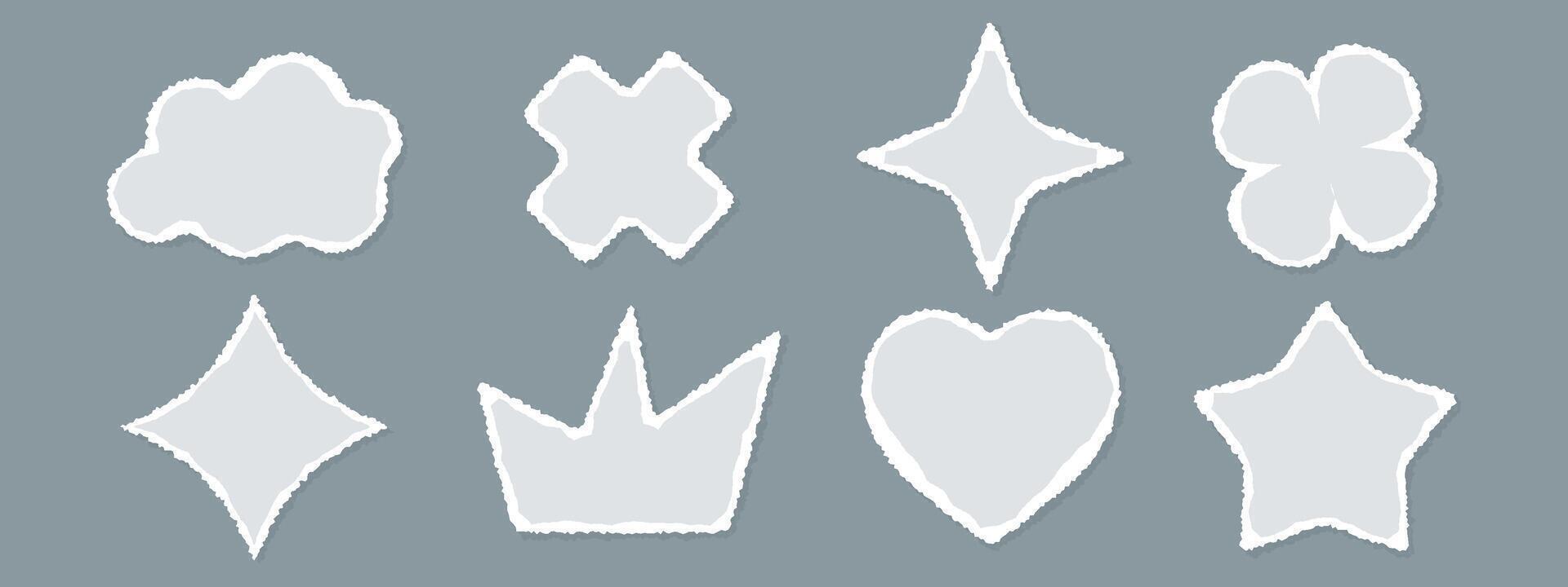 A set of cut out paper shapes with rough, torn edges. Stickers include hearts, crowns, clouds, and stars. templates. vector