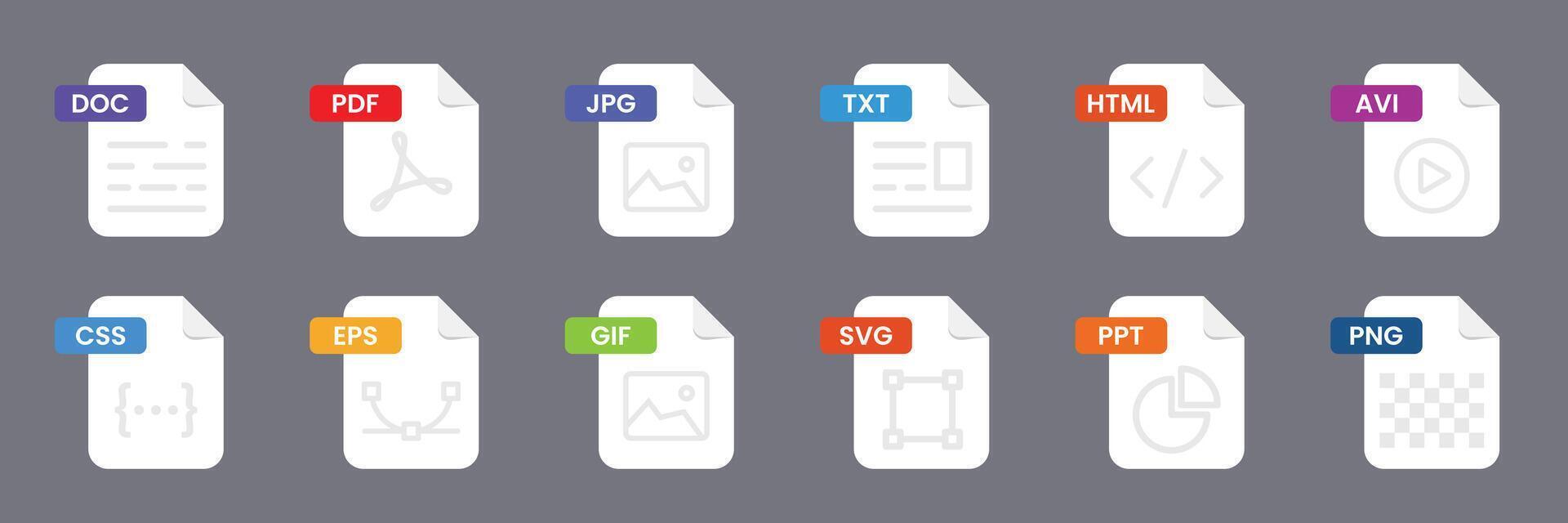 Set of files format and document icon collection. Audio, , image, system, archive, code and document file symbol. vector