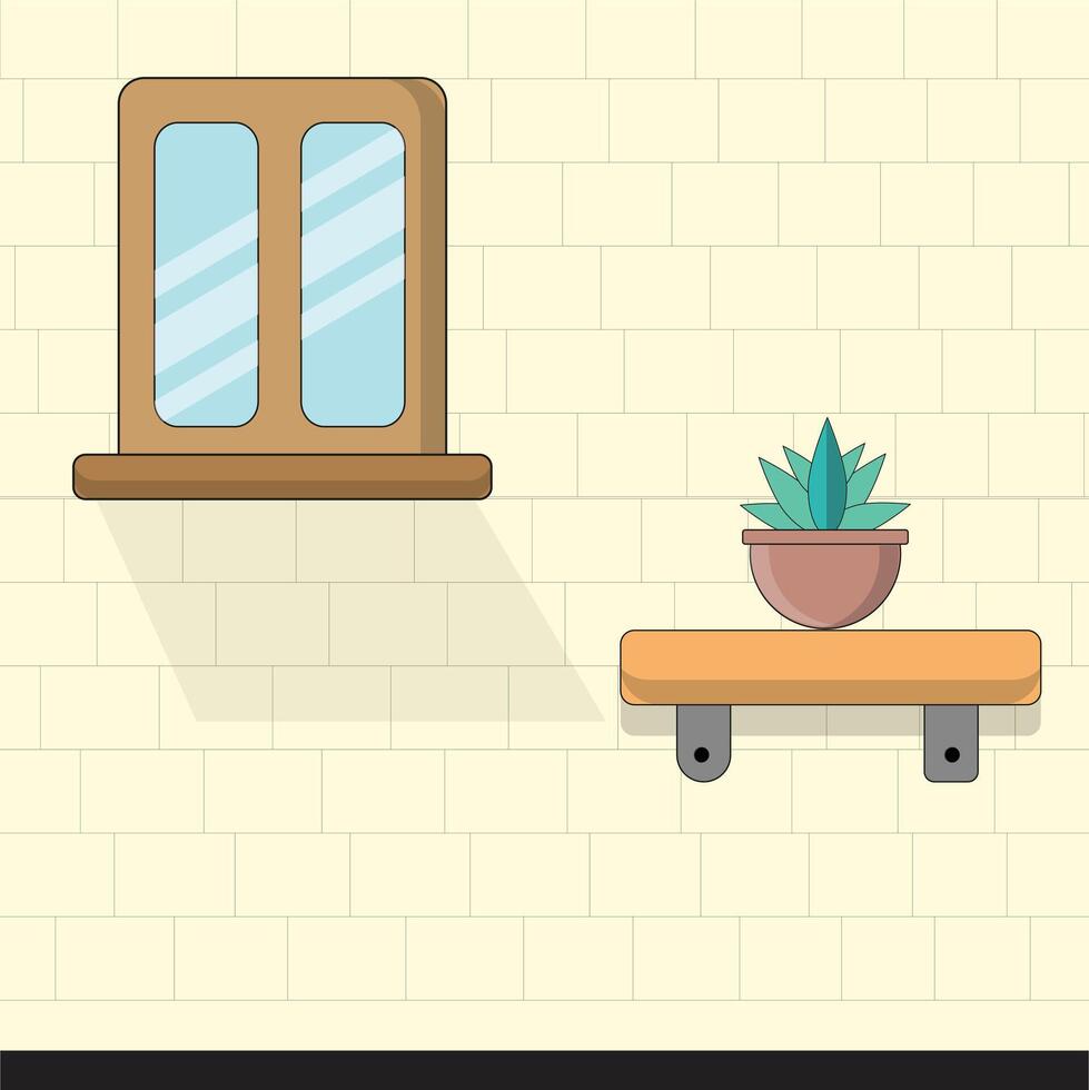 Minimalist cartoon design of a window and potted succulent on a shelf against a textured wall background vector