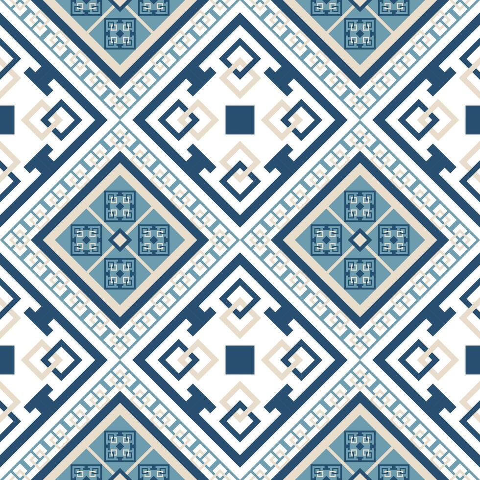 Geometric design with repeating patterns of blue and beige diamonds and rectangles, creating an abstract, stylish, and symmetrical visual effect. It's a versatile design vector