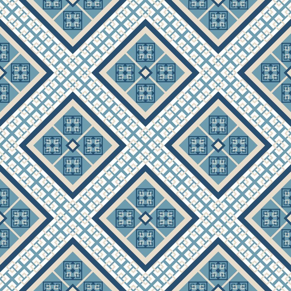 Geometric blue and white pattern forming a zig zag shape and with decorative shapes. The design combines various shades of blue, with white and beige accents vector