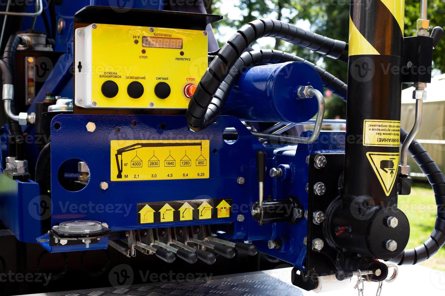 Close up of control panel and hydraulic system of manipulator used for cargo handling. The image highlights technical details and operational buttons essential for lifting and moving heavy loads photo