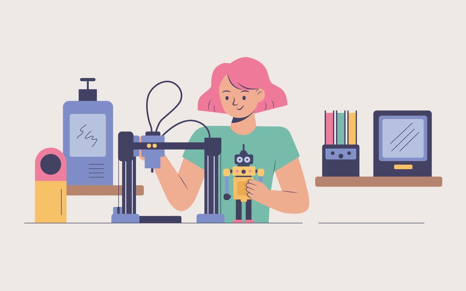 Girl creating a toy robot with 3D printer vector