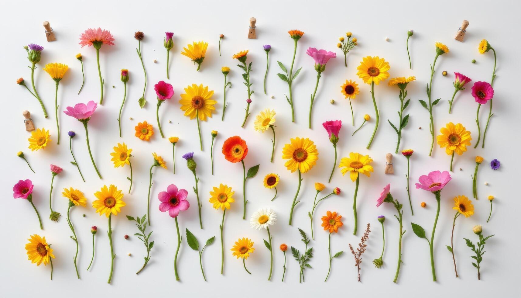 wild meadow flowers pinned randomly on a white wall, creating a playful pattern of shape and hues photo
