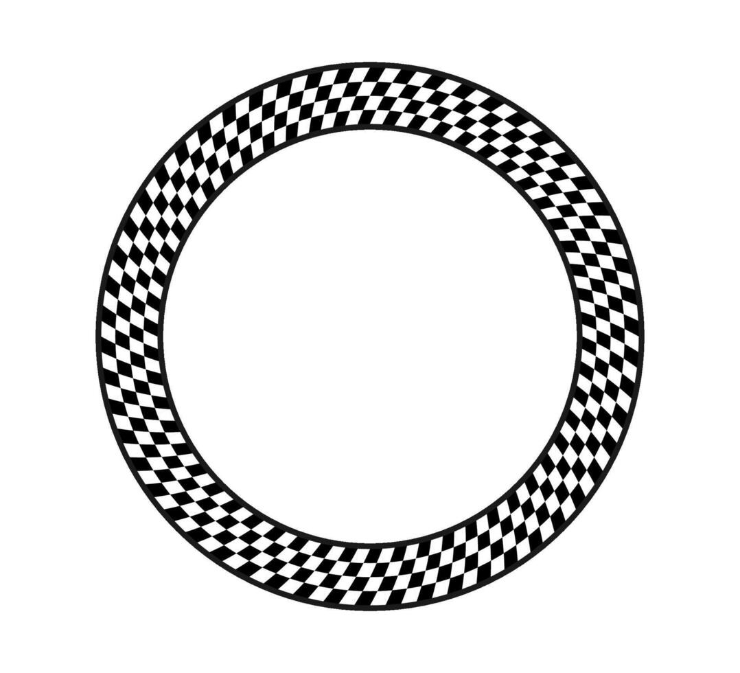 Checkered circle frame. Circle race checker flag pattern. Checkerboard geometric pattern. Black and white rally chess square pattern. Round race frame. illustration on white background vector