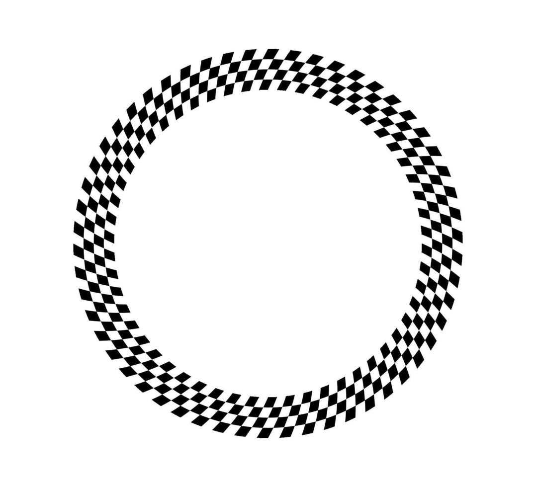 Checkered circle frame. Circle race checker flag pattern. Checkerboard geometric pattern. Black and white rally chess square pattern. Race frame. vector