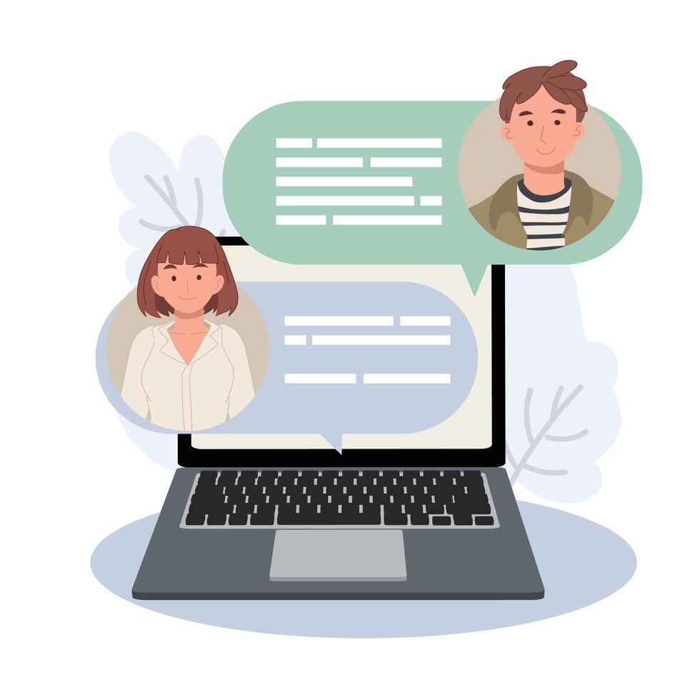 Chat messages on computer, laptop pc with chatting bubble notifications, concept of people messaging on internet. illustrations. vector