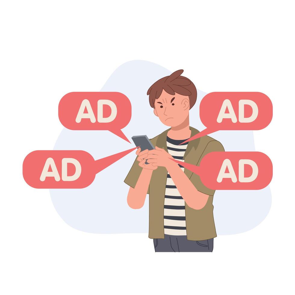 Angry and annoying man with ads notifications from smartphone app, internet ad , spam. illustration. vector