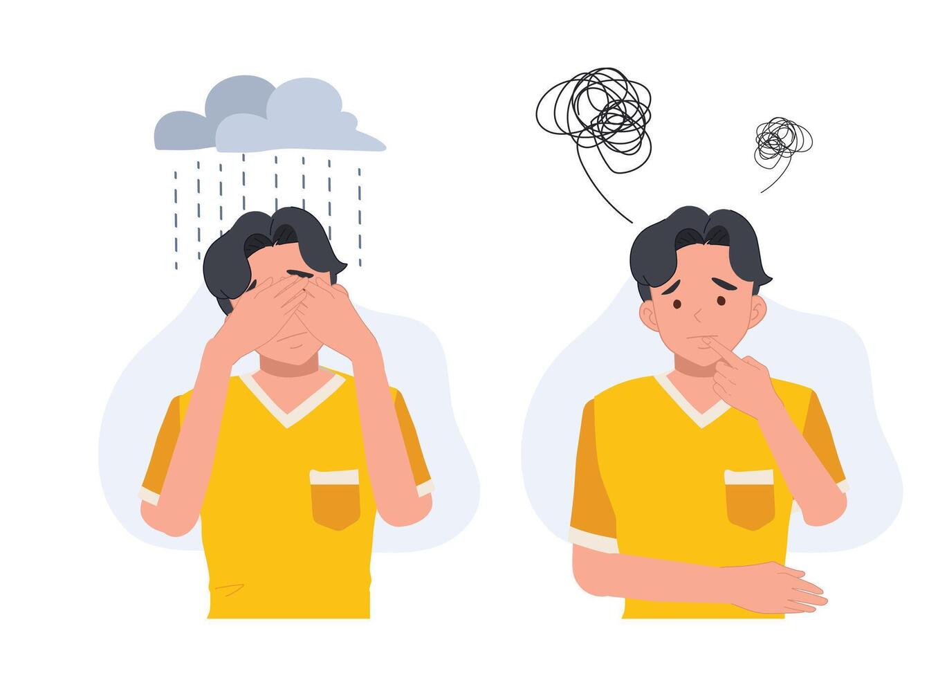 Mental disorder, finding answers, confusion concept. man suffering from depression, closing face with palms in despair, trying to solve complex problems. illustration vector