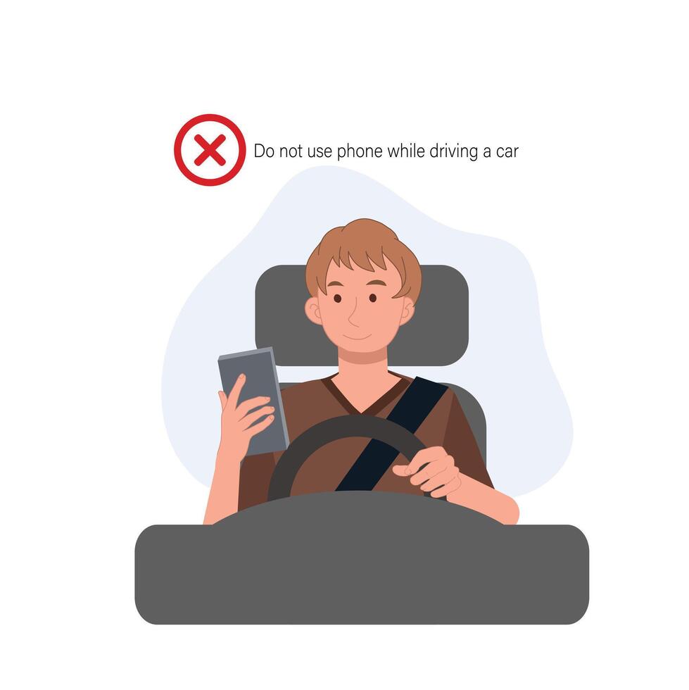Safety driving rules concept. Phone while driving. Do not use mobile. A man is using the phone while driving a car. Flat cartoon illustration vector