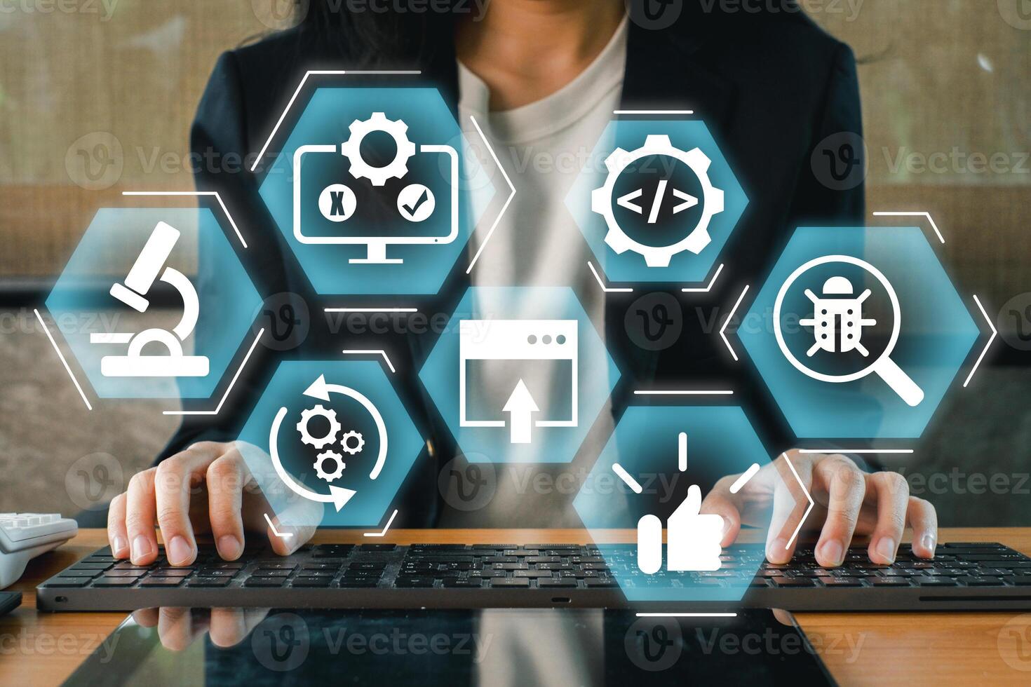 Illustration of software testing with digital icons representing coding, debugging, and quality assurance in a tech environment. photo