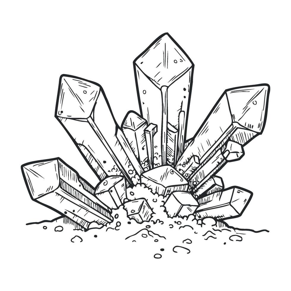 Black and white crystal cluster drawing with detailed angular shapes and textured surface patterns vector