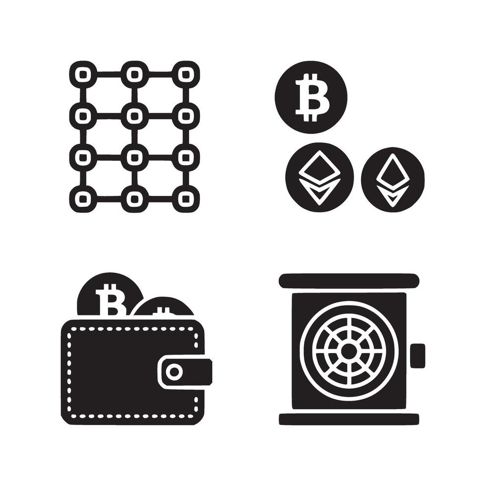 criptomoneda billetera, bitcoin, bitcoin billetera, bitcoin billetera icono conjunto vector
