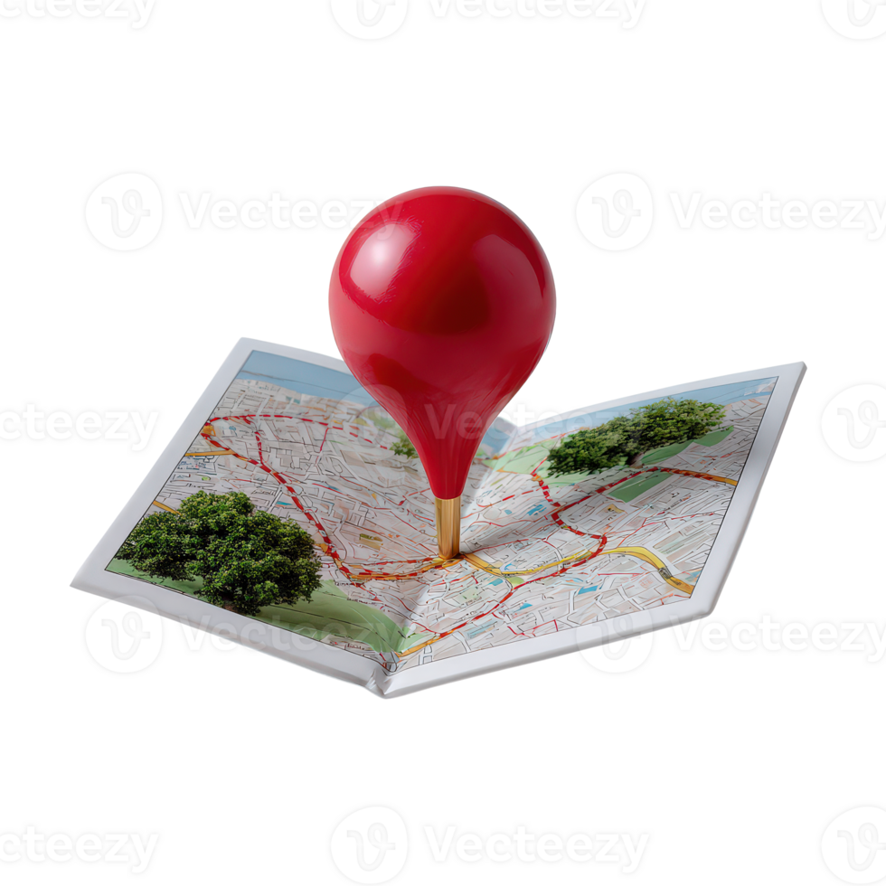 Red Marker on Open Map with Trees and Route, Navigation and Travel Concept for Adventure and Exploration png