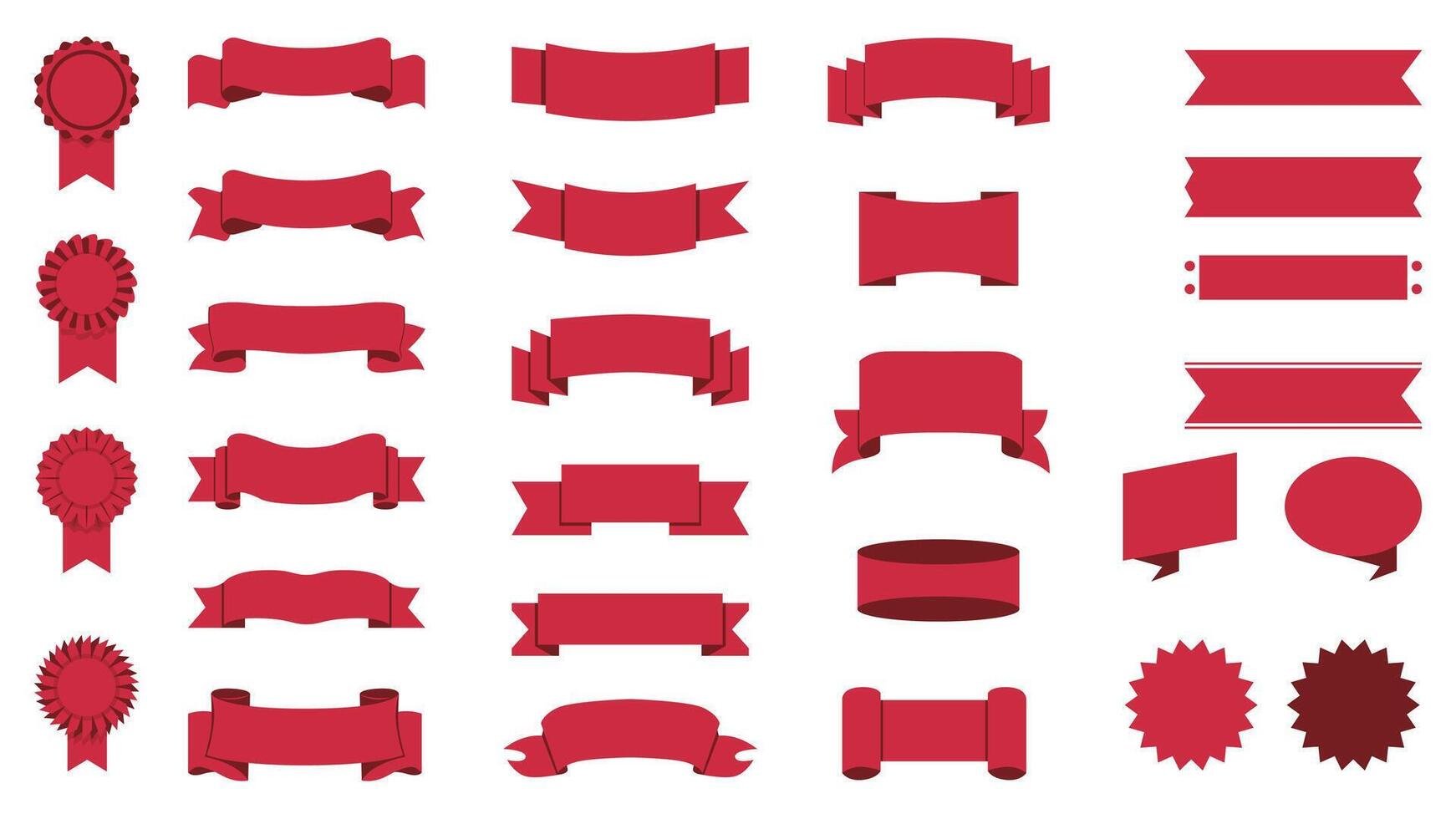 Red ribbon banners set of isolated elements. Collection of curled and folded blank labels and headers, medal badges, promotion coupons and tags, empty speech bubble templates. illustration. vector