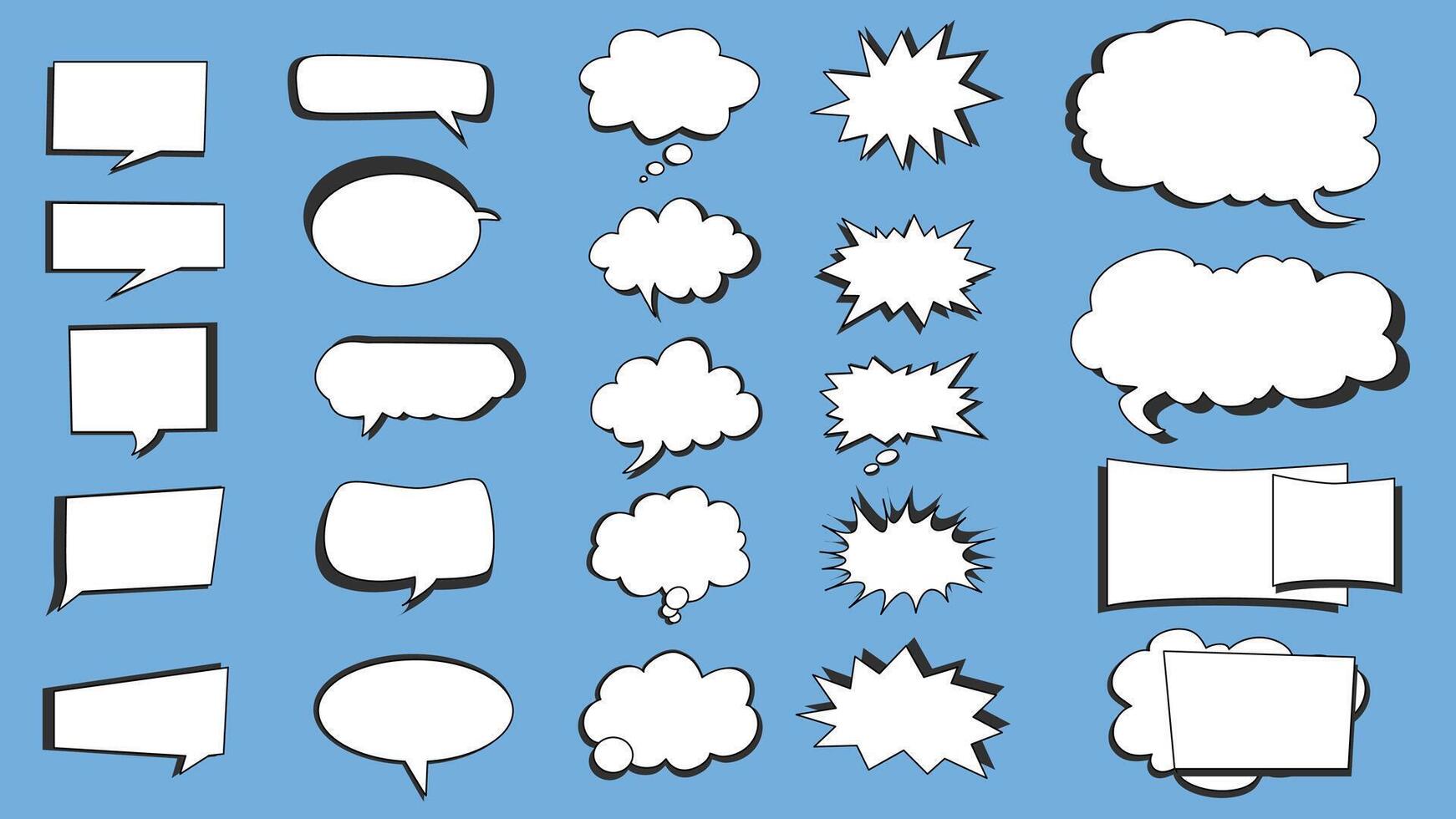 Speech bubbles set of isolated elements. Collection of white comic message balloons with outline frames, empty dialogue templates with cloud, squared and explosion shape forms. illustration. vector