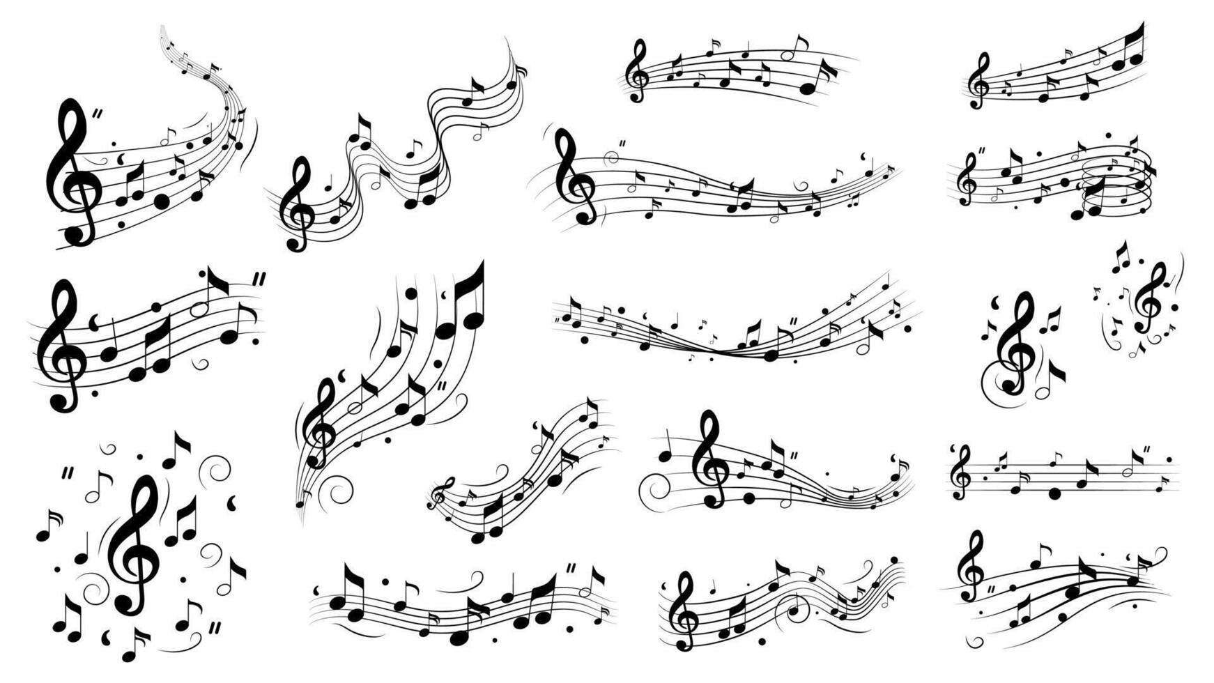 Music notes waves set of isolated elements. Collection of black musician composition flying and flowing, abstract musical melody patterns, classical symphony song vignetting. illustration. vector