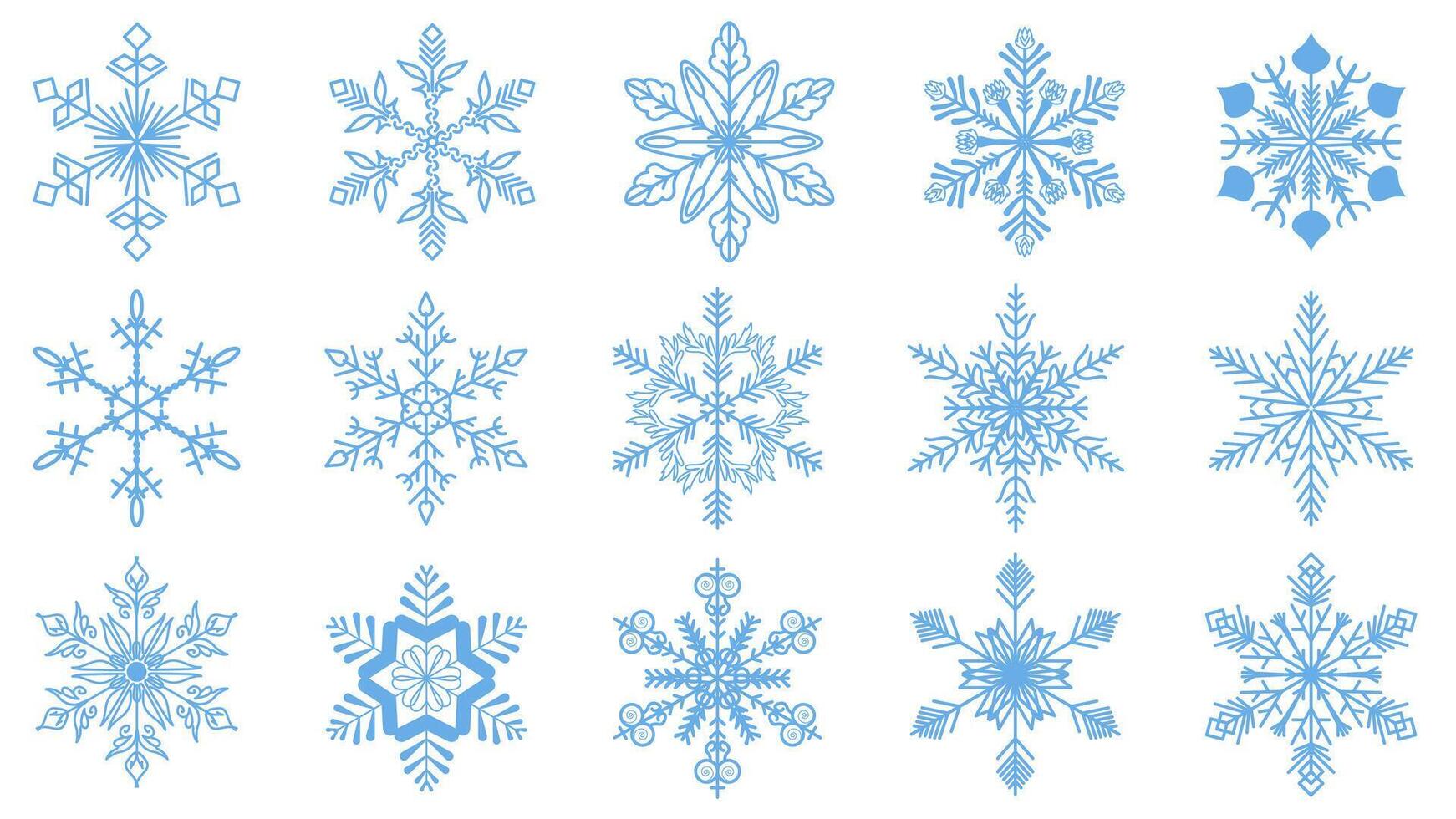 Christmas snowflake set of isolated elements. Collection of winter decorative blue frozen crystals with different geometric shapes, line fragile frost ornament silhouettes. illustration. vector