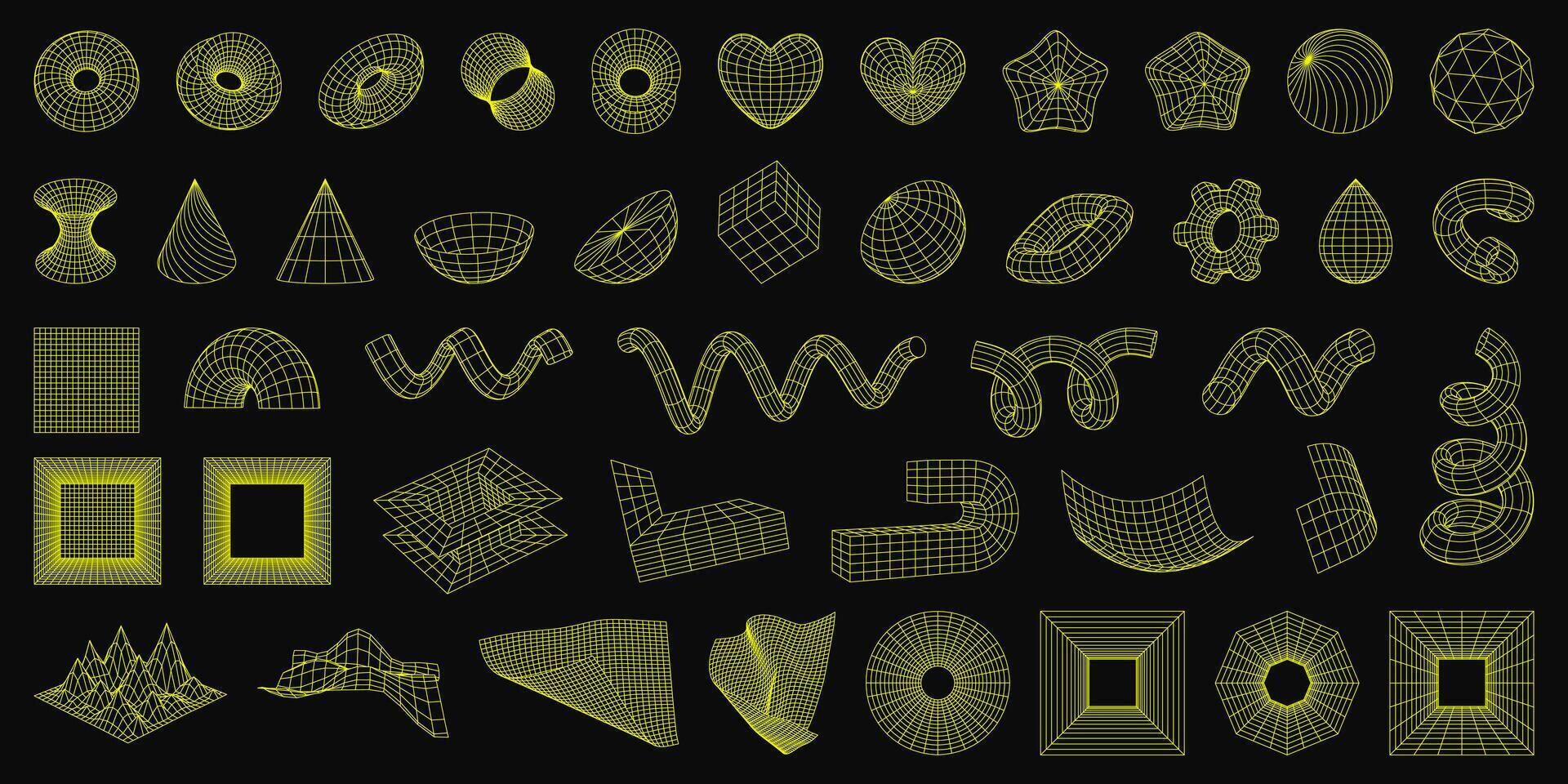 Set of wireframe 3D geometric shapes. Wire frame abstract figures. Torus, spirals, gear, heart, star. Distorted mesh grids. Isolated Graphic design elements. Editable strokes vector