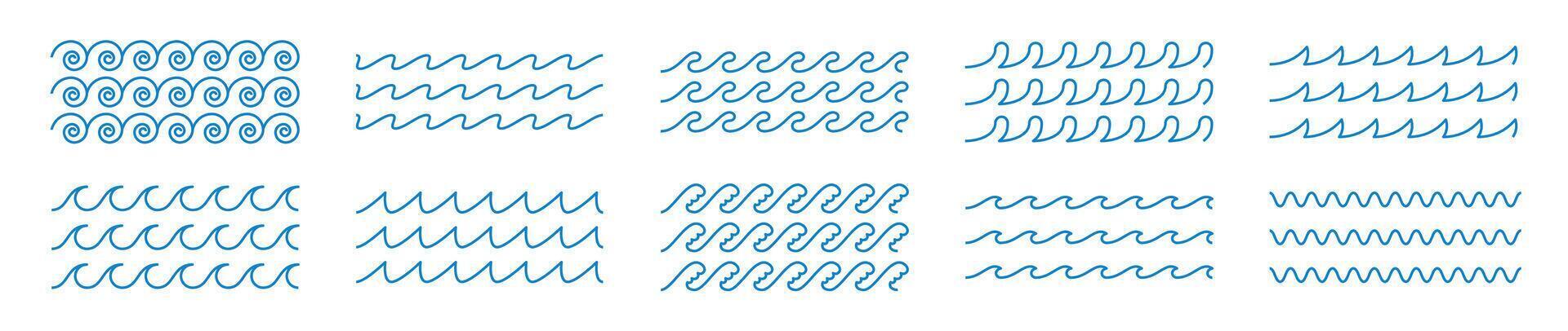 Minimal blue wave and ripple set with zigzag lines, swirls, and flowing curves. Ideal for ocean themed graphics, surf illustrations, pool icons, and seamless summer patterns. vector