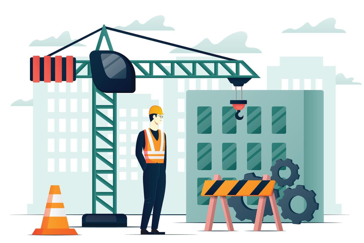 Professional builder constructing with construction crane, process of house building flat illustration vector
