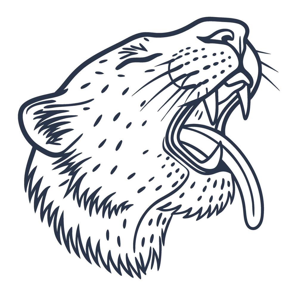 Yawning cheetah head with open mouth and sharp teeth wild feline animal illustration in sketch vector